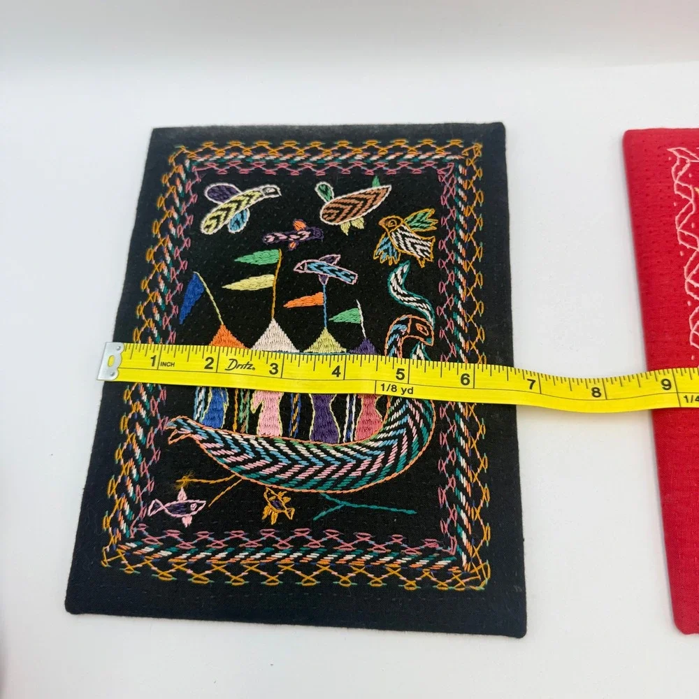 Vintage Hand Embroidered Folk Art Textile Wall Hanging Set of 2 Black Red Boat